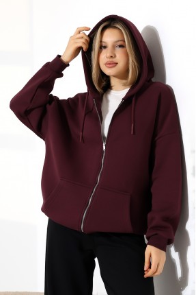 Şardonlu Fermuarlı Kapüşonlu Oversize Sweatshirt 21618 MÜRDÜM