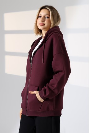 Şardonlu Fermuarlı Kapüşonlu Oversize Sweatshirt 21618 MÜRDÜM