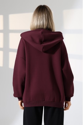 Şardonlu Fermuarlı Kapüşonlu Oversize Sweatshirt 21618 MÜRDÜM