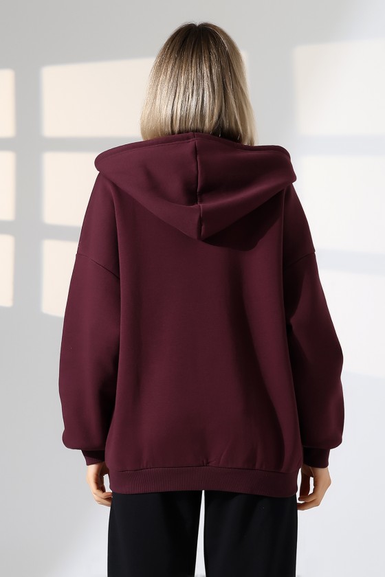Şardonlu Fermuarlı Kapüşonlu Oversize Sweatshirt 21618 MÜRDÜM