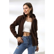 Şardonlu Fermuarlı Kapüşonlu Sweatshirt 19116 KAHVE