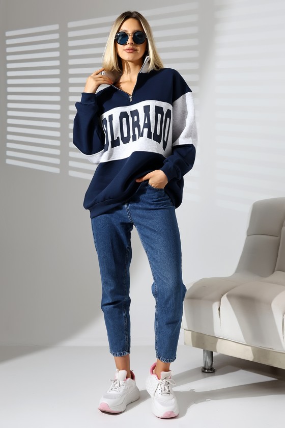 Şardonlu Garnili Baskılı Yarım Fermuarlı Oversize Sweatshirt 21623 LACİVERT