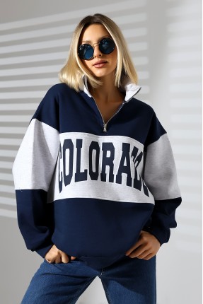 Şardonlu Garnili Baskılı Yarım Fermuarlı Oversize Sweatshirt 21623 LACİVERT