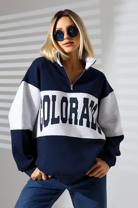 Şardonlu Garnili Baskılı Yarım Fermuarlı Oversize Sweatshirt 21623 LACİVERT