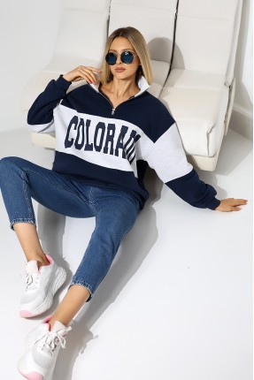 Şardonlu Garnili Baskılı Yarım Fermuarlı Oversize Sweatshirt 21623 LACİVERT