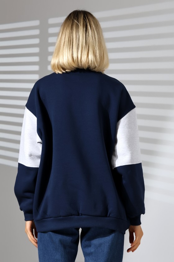 Şardonlu Garnili Baskılı Yarım Fermuarlı Oversize Sweatshirt 21623 LACİVERT