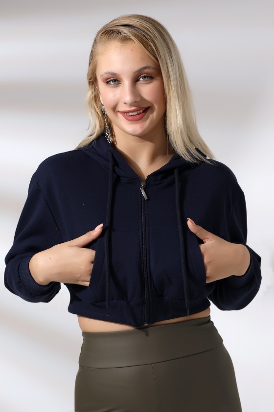 Şardonlu Kapüşonlu Fermuarlı Sweatshirt 21390 LACİVERT