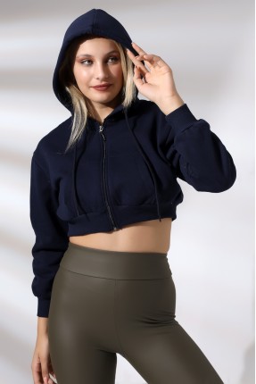 Şardonlu Kapüşonlu Fermuarlı Sweatshirt 21390 LACİVERT