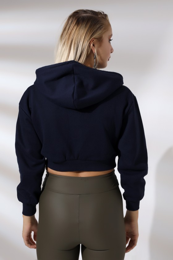 Şardonlu Kapüşonlu Fermuarlı Sweatshirt 21390 LACİVERT