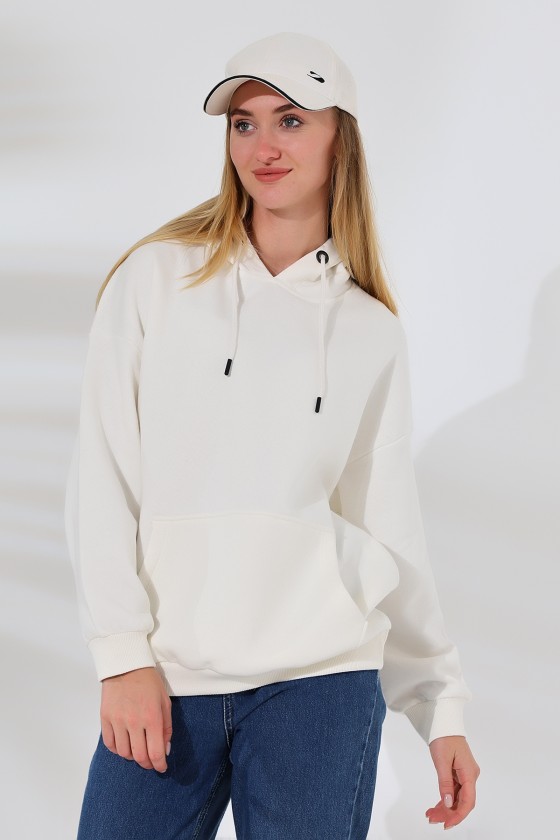 Şardonlu Kapüşonlu Oversize Sweatshirt 21615 EKRU