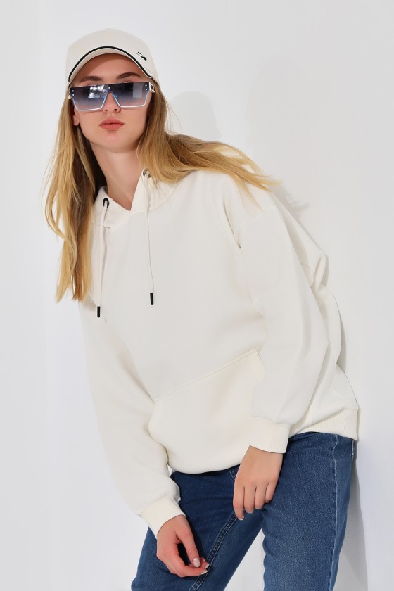 Şardonlu Kapüşonlu Oversize Sweatshirt 21615 EKRU