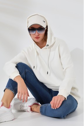 Şardonlu Kapüşonlu Oversize Sweatshirt 21615 EKRU