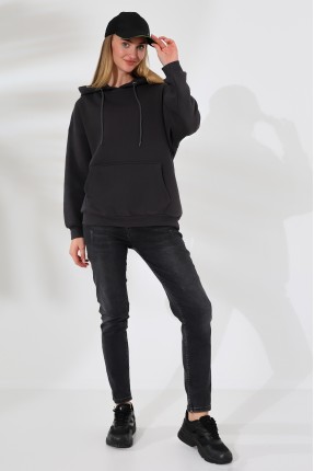 Şardonlu Kapüşonlu Oversize Sweatshirt 21615 FÜME