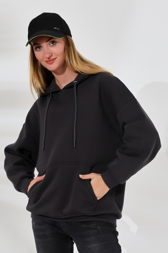 Şardonlu Kapüşonlu Oversize Sweatshirt 21615 FÜME