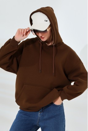 Şardonlu Kapüşonlu Oversize Sweatshirt 21615 KAHVE