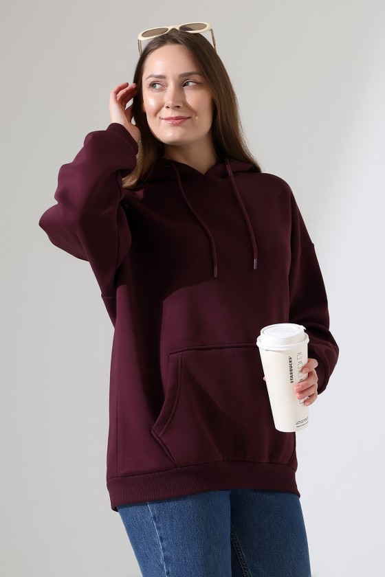 Şardonlu Kapüşonlu Oversize Sweatshirt 21615 MÜRDÜM