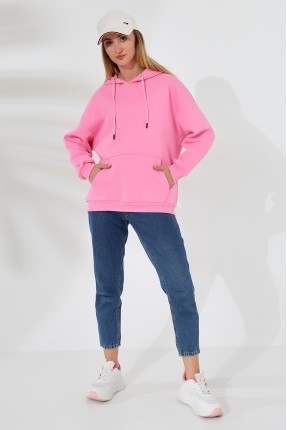 Şardonlu Kapüşonlu Oversize Sweatshirt 21615 PEMBE