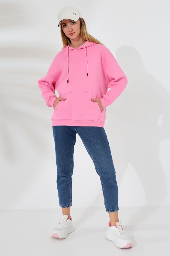 Şardonlu Kapüşonlu Oversize Sweatshirt 21615 PEMBE