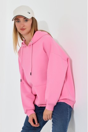 Şardonlu Kapüşonlu Oversize Sweatshirt 21615 PEMBE