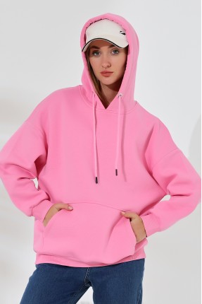 Şardonlu Kapüşonlu Oversize Sweatshirt 21615 PEMBE