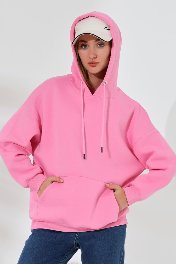 Şardonlu Kapüşonlu Oversize Sweatshirt 21615 PEMBE