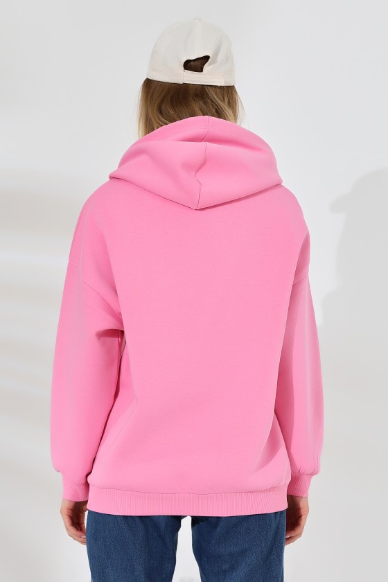 Şardonlu Kapüşonlu Oversize Sweatshirt 21615 PEMBE