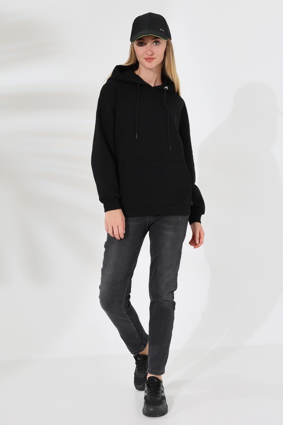 Şardonlu Kapüşonlu Oversize Sweatshirt 21615 SİYAH