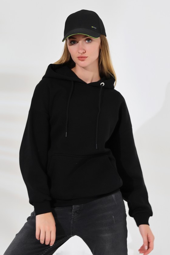 Şardonlu Kapüşonlu Oversize Sweatshirt 21615 SİYAH