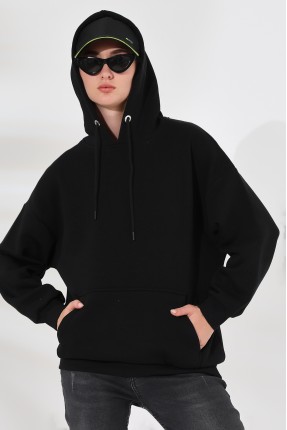 Şardonlu Kapüşonlu Oversize Sweatshirt 21615 SİYAH