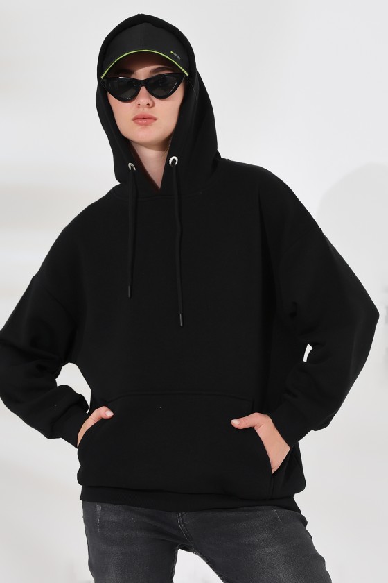 Şardonlu Kapüşonlu Oversize Sweatshirt 21615 SİYAH