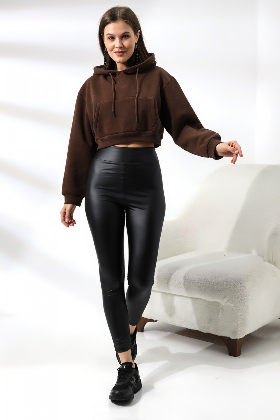 Şardonlu Kapüşonlu Sweatshirt 21391 KAHVE