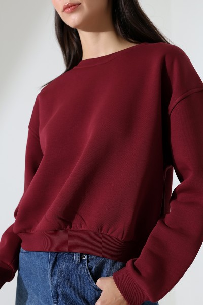 Şardonlu Oversize Bisiklet Yaka Geniş Kalıp Sweatshirt 21614 BORDO