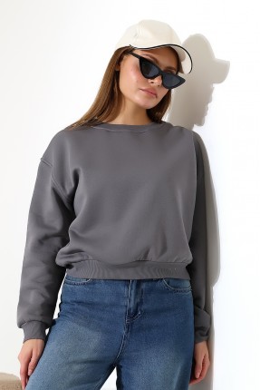 Şardonlu Oversize Bisiklet Yaka Geniş Kalıp Sweatshirt 21614 BOYALI GRİ
