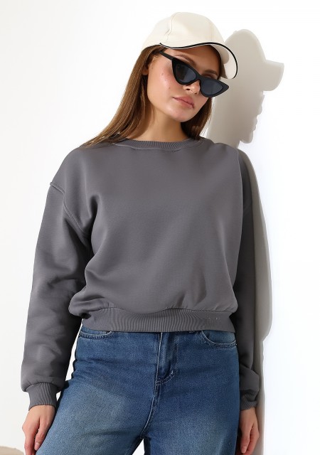 Şardonlu Oversize Bisiklet Yaka Geniş Kalıp Sweatshirt 21614 BOYALI GRİ