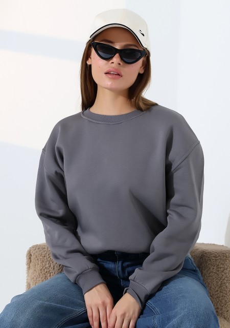 Şardonlu Oversize Bisiklet Yaka Geniş Kalıp Sweatshirt 21614 BOYALI GRİ