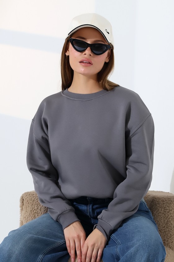 Şardonlu Oversize Bisiklet Yaka Geniş Kalıp Sweatshirt 21614 BOYALI GRİ