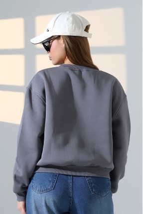 Şardonlu Oversize Bisiklet Yaka Geniş Kalıp Sweatshirt 21614 BOYALI GRİ
