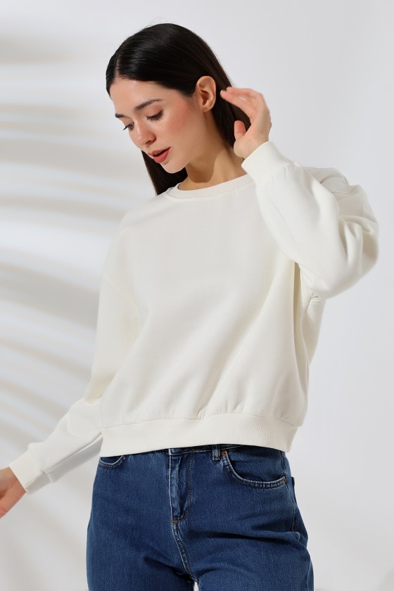 Şardonlu Oversize Bisiklet Yaka Geniş Kalıp Sweatshirt 21614 EKRU