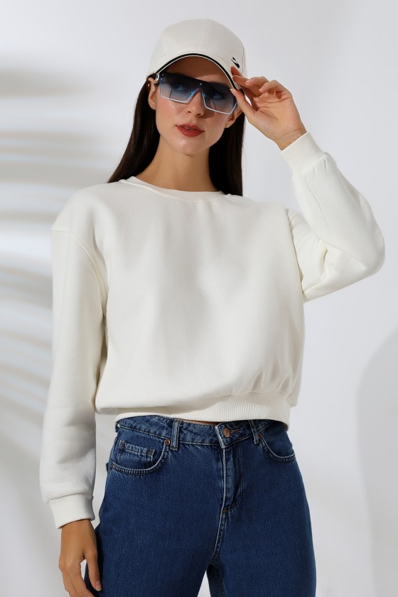 Şardonlu Oversize Bisiklet Yaka Geniş Kalıp Sweatshirt 21614 EKRU