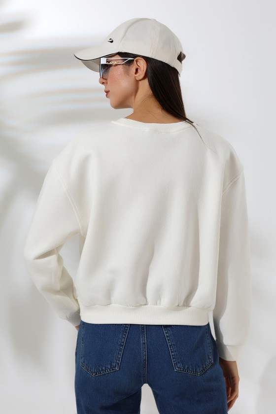 Şardonlu Oversize Bisiklet Yaka Geniş Kalıp Sweatshirt 21614 EKRU