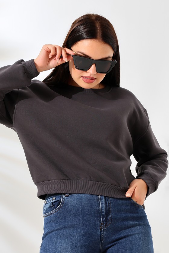 Şardonlu Oversize Bisiklet Yaka Geniş Kalıp Sweatshirt 21614 FÜME