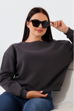 Şardonlu Oversize Bisiklet Yaka Geniş Kalıp Sweatshirt 21614 FÜME