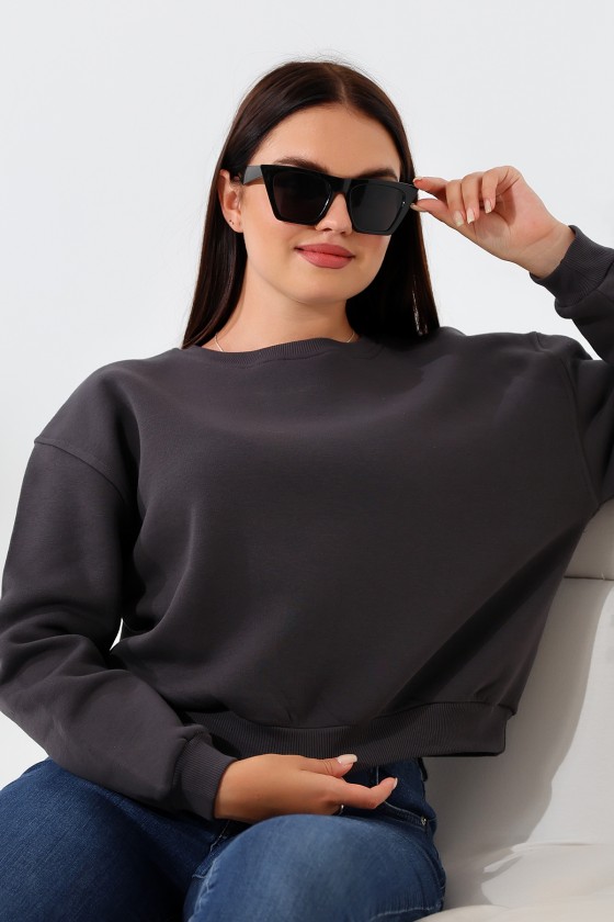 Şardonlu Oversize Bisiklet Yaka Geniş Kalıp Sweatshirt 21614 FÜME