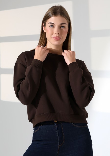 Şardonlu Oversize Bisiklet Yaka Geniş Kalıp Sweatshirt 21614 KAHVE