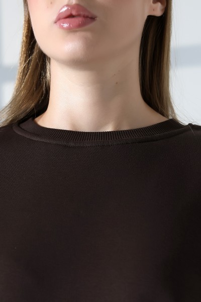 Şardonlu Oversize Bisiklet Yaka Geniş Kalıp Sweatshirt 21614 KAHVE