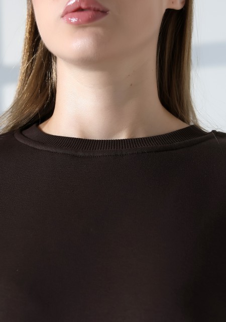 Şardonlu Oversize Bisiklet Yaka Geniş Kalıp Sweatshirt 21614 KAHVE