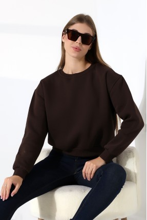 Şardonlu Oversize Bisiklet Yaka Geniş Kalıp Sweatshirt 21614 KAHVE