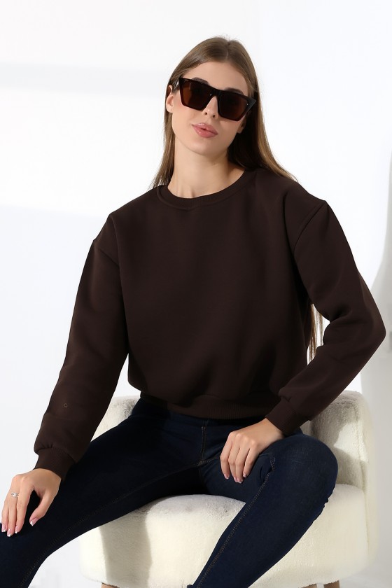 Şardonlu Oversize Bisiklet Yaka Geniş Kalıp Sweatshirt 21614 KAHVE