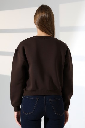 Şardonlu Oversize Bisiklet Yaka Geniş Kalıp Sweatshirt 21614 KAHVE