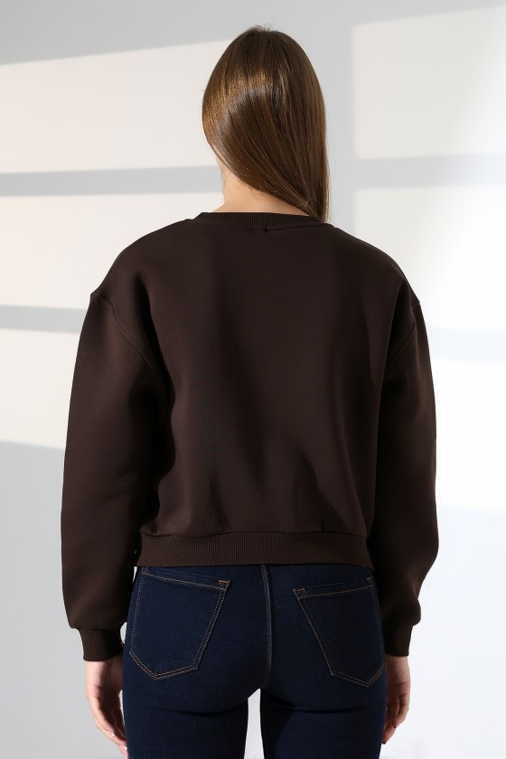 Şardonlu Oversize Bisiklet Yaka Geniş Kalıp Sweatshirt 21614 KAHVE